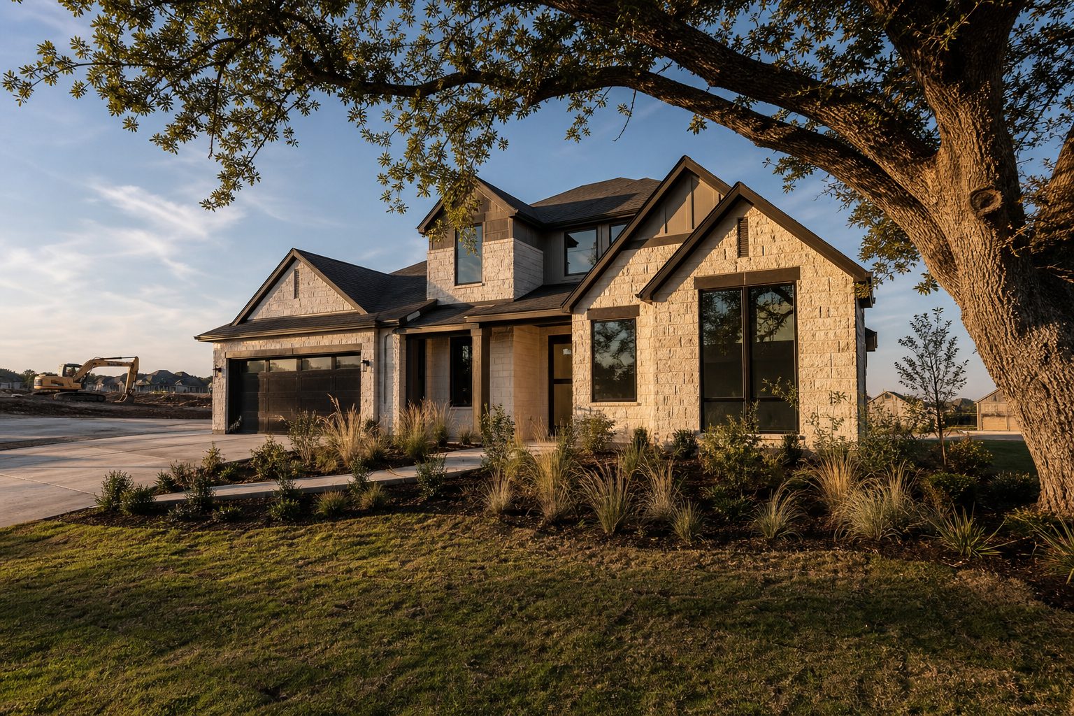 New construction home with limestone and mixed materials in Landmark master-planned community, Denton, with native Texas landscaping and mature live