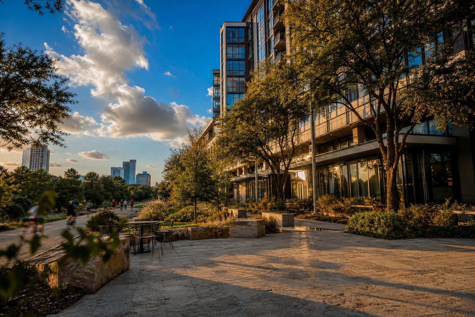 Modern condo tower in Uptown Dallas with joggers on the Katy Trail at golden hour.