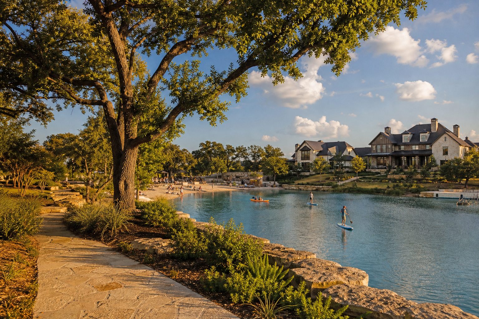 Families enjoy paddleboarding and swimming in the five-acre Lagoon at Windsong Ranch in Prosper, with limestone homes and mature oaks beyond.